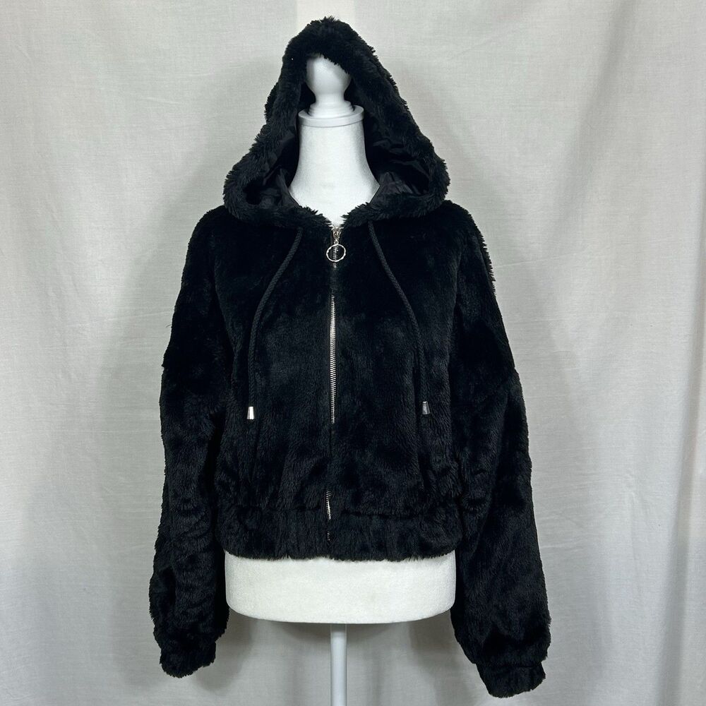 Fashion Nova Womens Black Hooded Jacket Faux Fur Bomber Medium